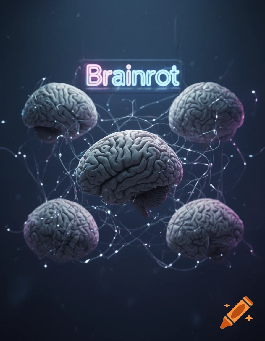 Five human brains interconnected by glowing neural pathways against a dark background, with a neon 'Brainrot' sign.