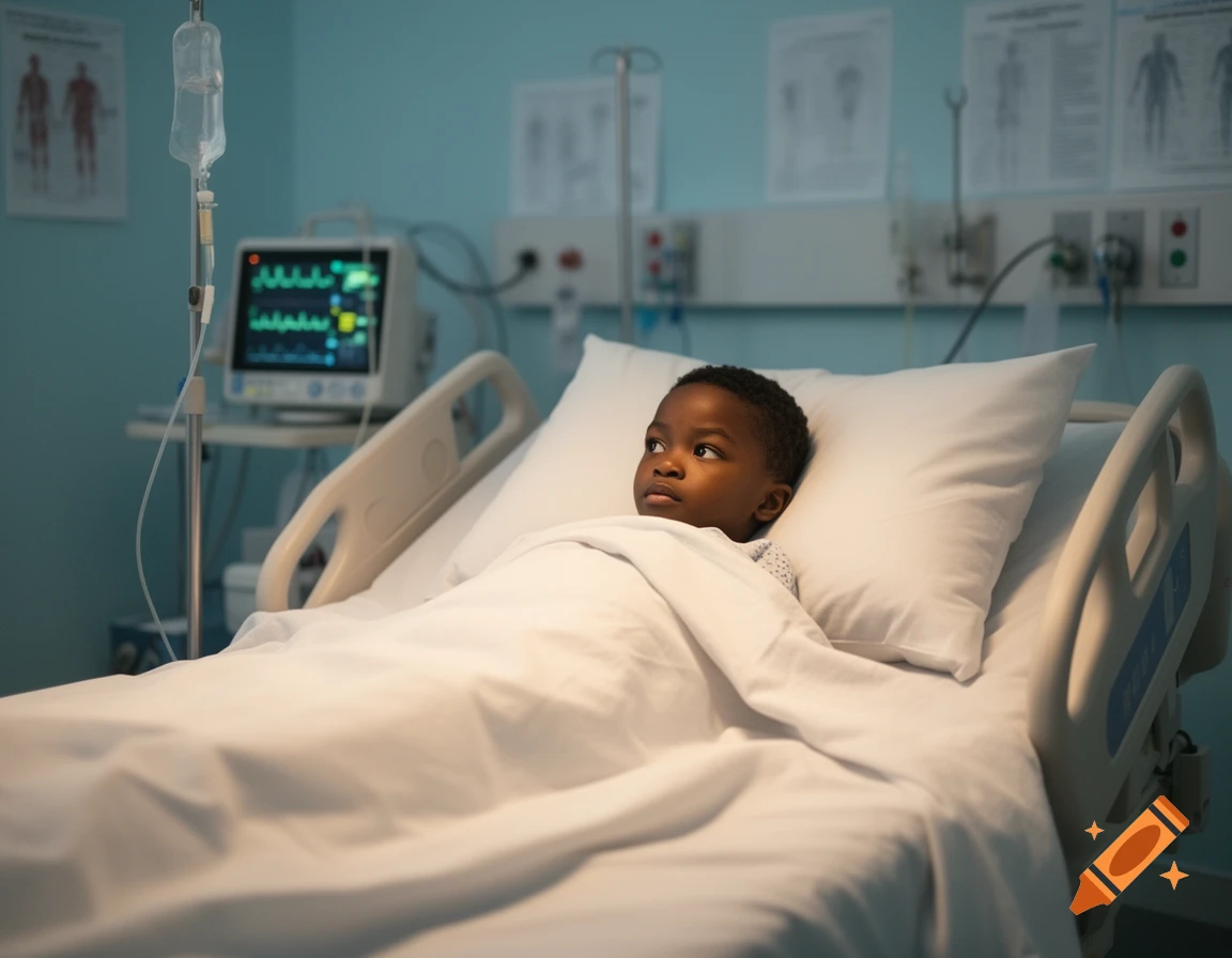 A young Black child lies in a hospital bed with an IV drip and medical monitor in a photorealistic style.