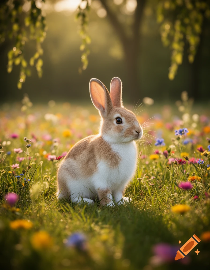A photorealistic image of a small brown and white rabbit sitting in a sunlit meadow filled with colorful wildflowers.