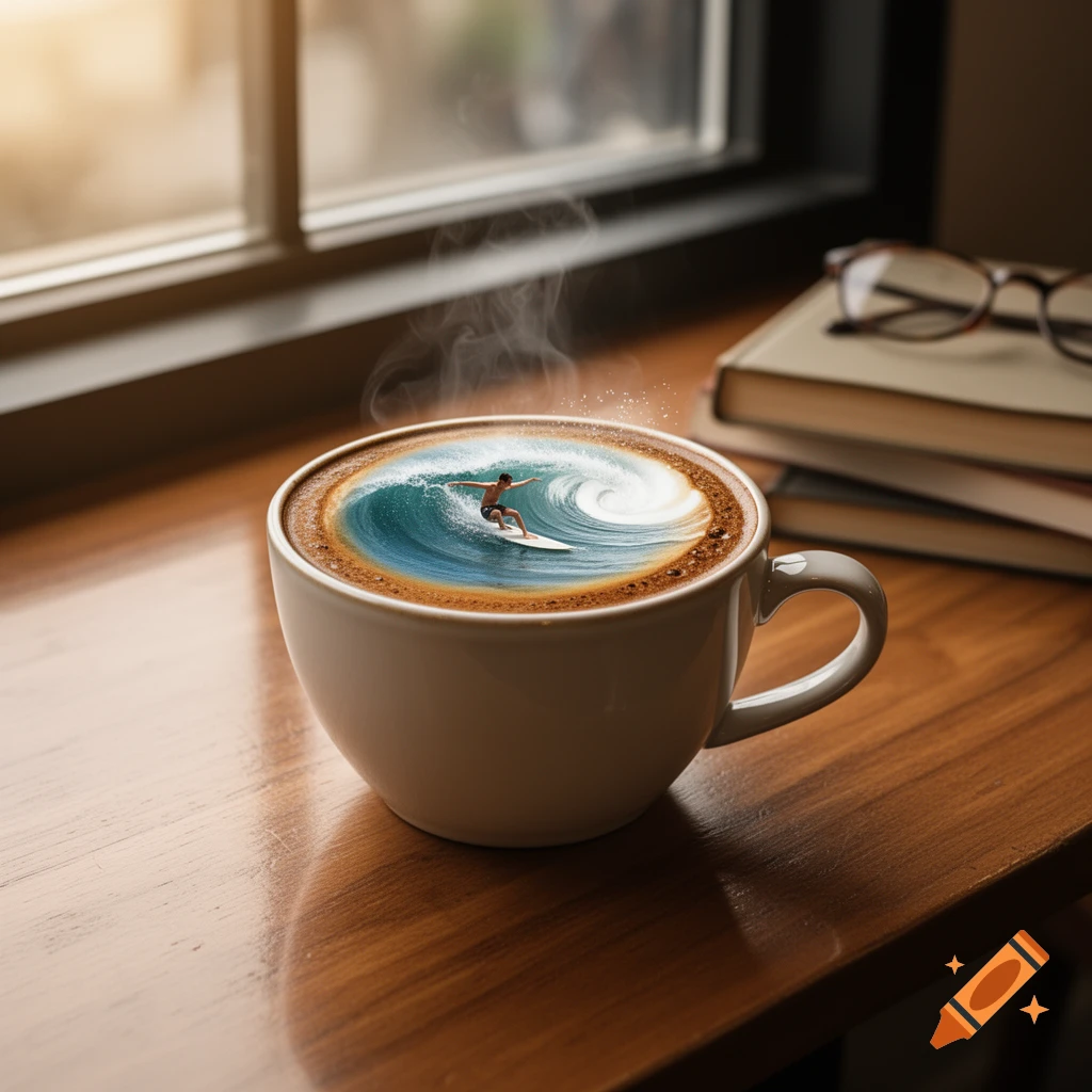 A surfer rides a wave in the foam of a steaming coffee cup on a wooden table.