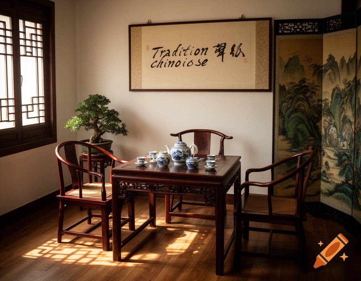 A beautifully lit traditional Chinese room with dark wooden furniture, a tea set, a bonsai tree, a scroll on the wall, and a painted screen.