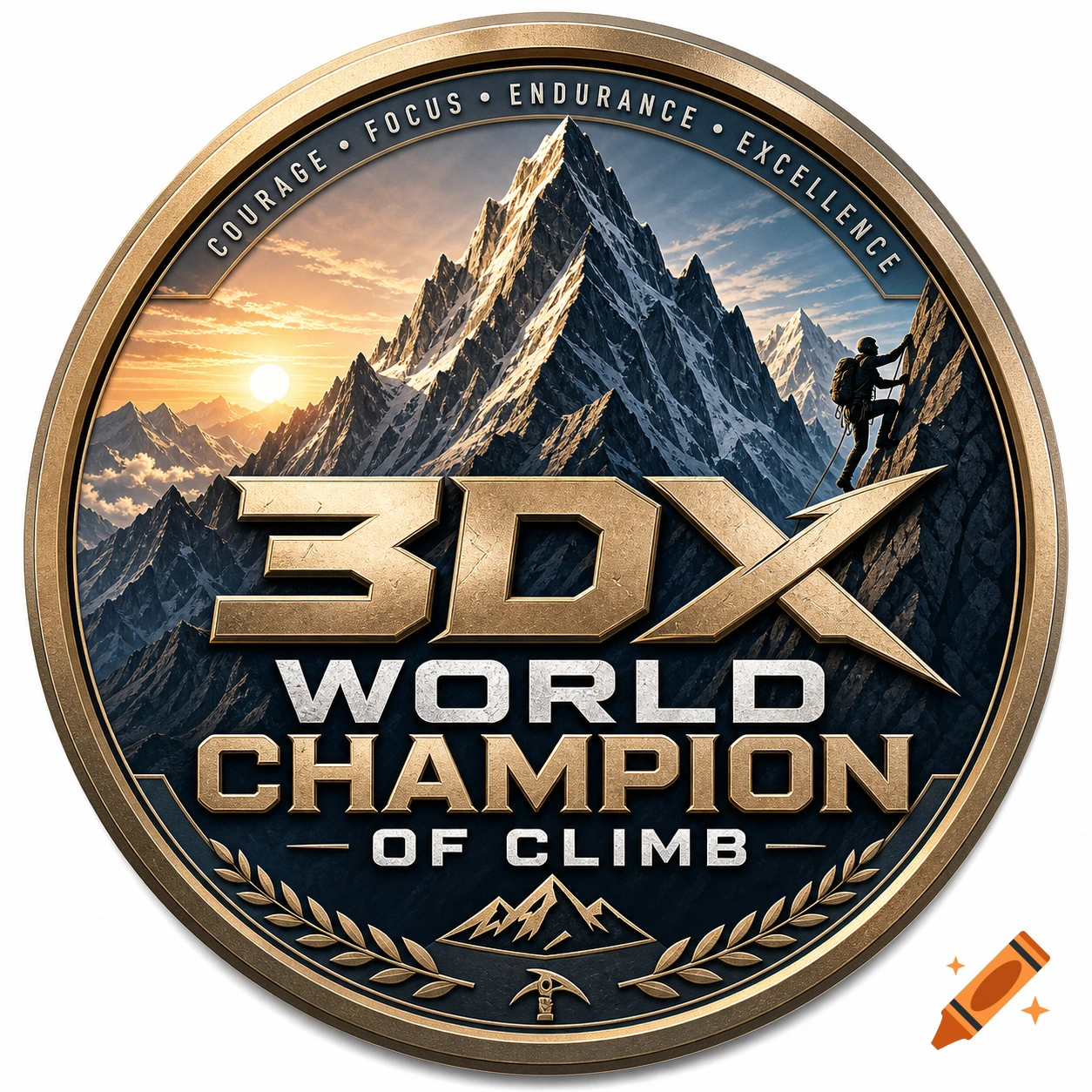 Gold and bronze circular logo for the '3DX World Champion of Climb' with a mountain landscape and a climber.