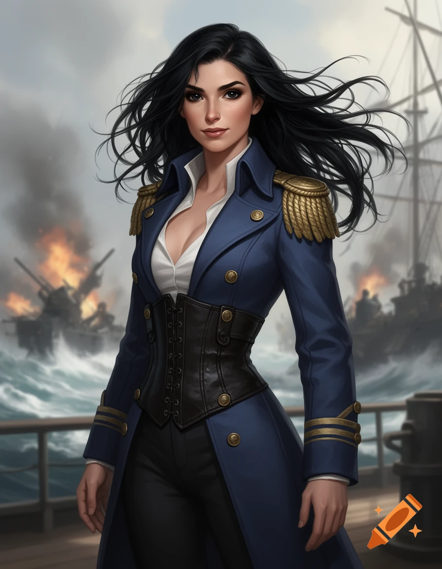 A dark-haired woman in a blue admiral's coat and black corset on a ship deck with a naval battle in the stormy background, digital art.