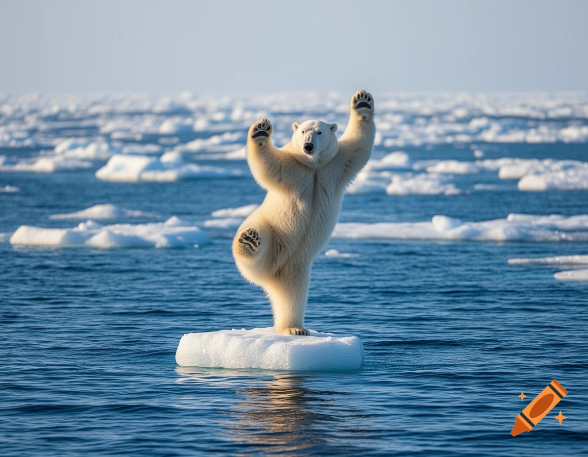 A polar bear balances precariously on one leg on a small ice floe, with both front paws raised in the air, against a backdrop of blue ocean and icebergs.