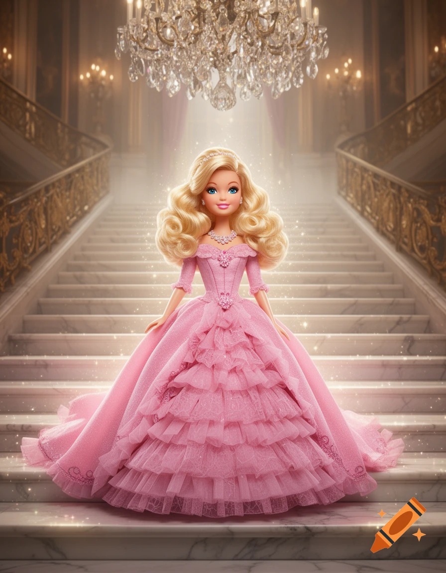 A photorealistic Barbie doll in a sparkling pink gown stands on grand marble stairs under a crystal chandelier.