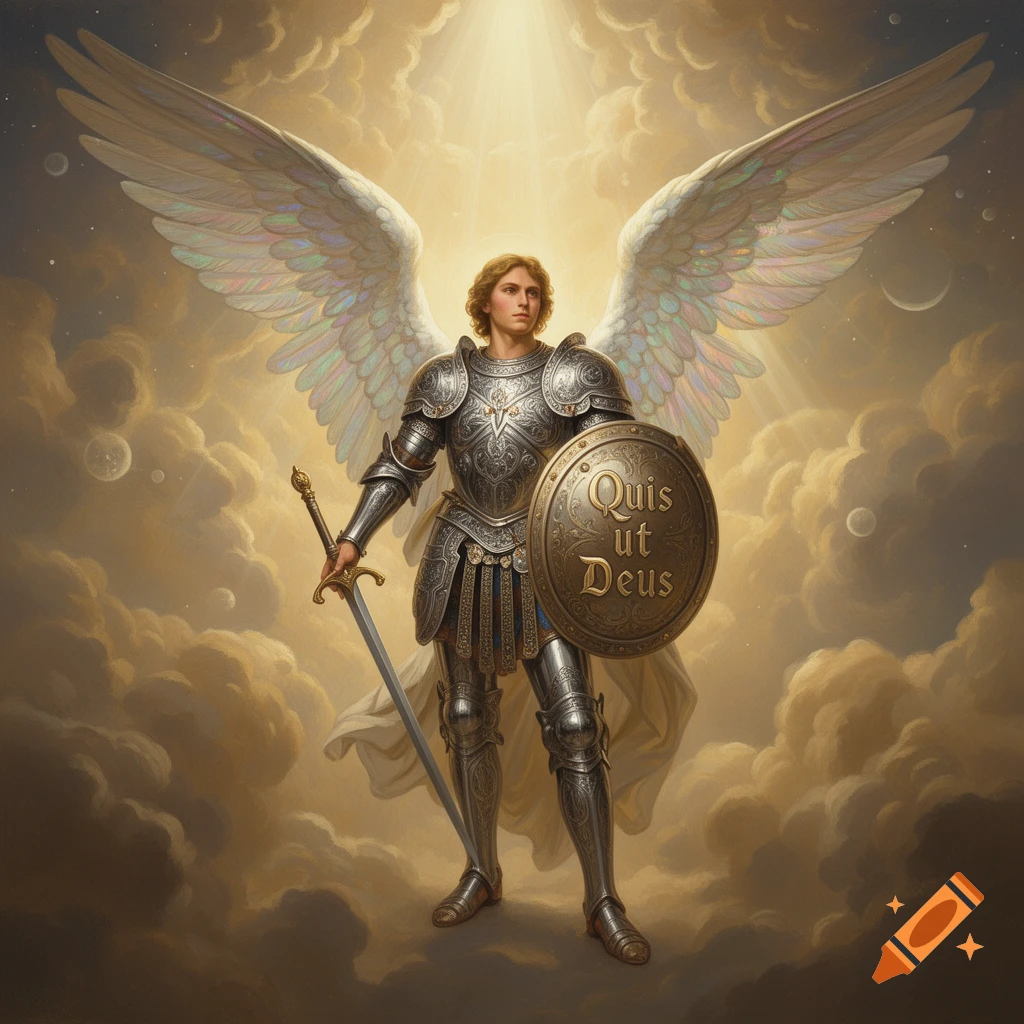 Archangel Michael in ornate silver armor, holding a sword and a shield inscribed 'Quis ut Deus', stands among sunlit clouds.