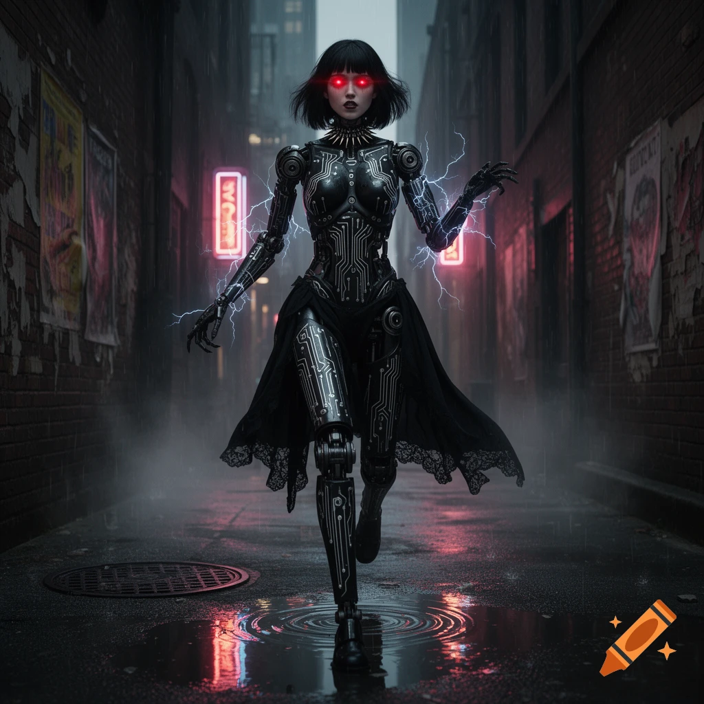 A dark robot goth girl with red glowing eyes and electric energy, walking through a rainy, neon-lit cyberpunk alley.