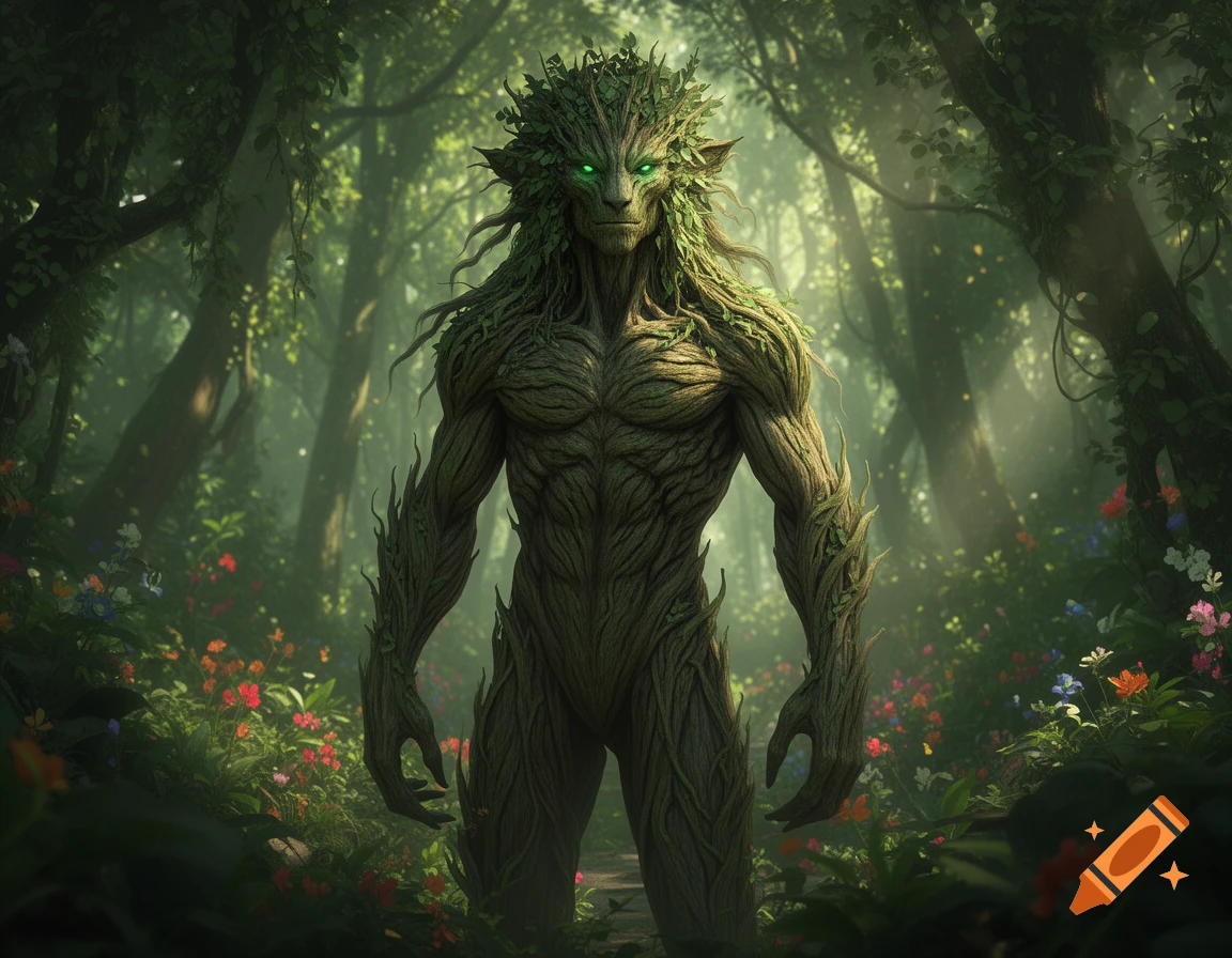 A tree-like humanoid creature with glowing green eyes stands in a ...