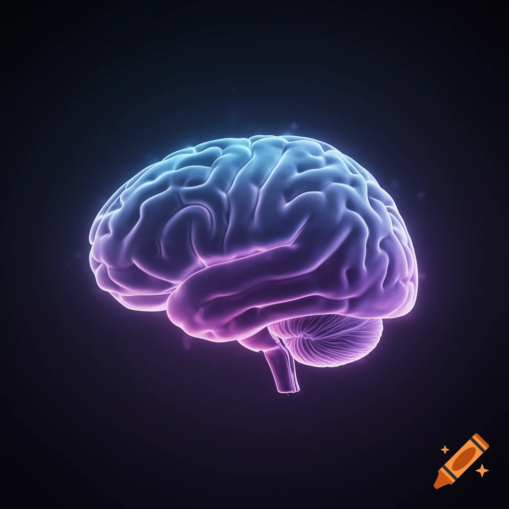 Artistic rendering of a glowing human brain with blue and purple neon highlights on a dark background.