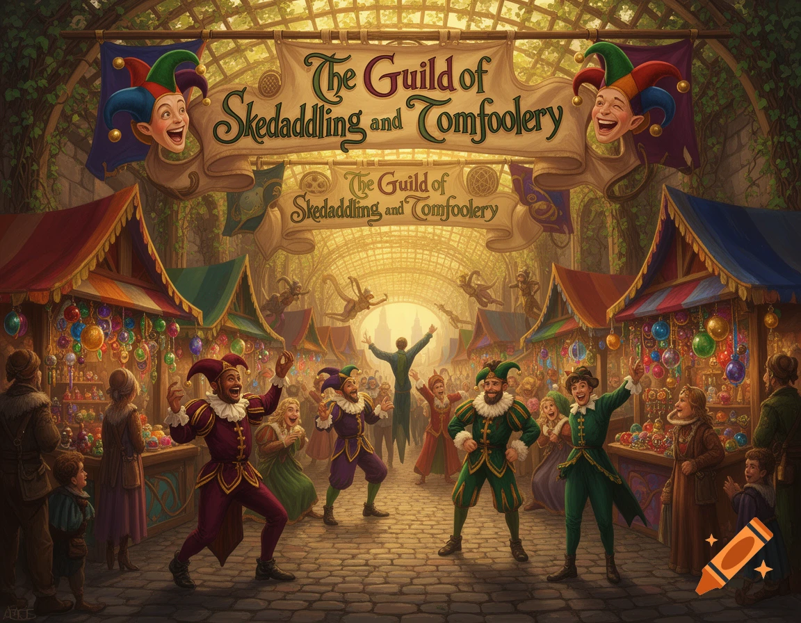 A vibrant fantasy market scene with jesters entertaining a crowd under a sunlit canopy, with banners above.