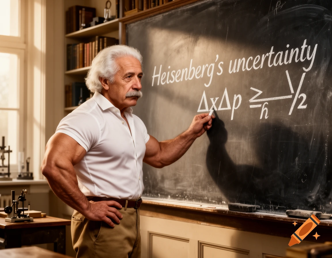 Muscular Albert Einstein in a white shirt and khaki pants, writing the Heisenberg uncertainty principle equation on a blackboard in a classroom.