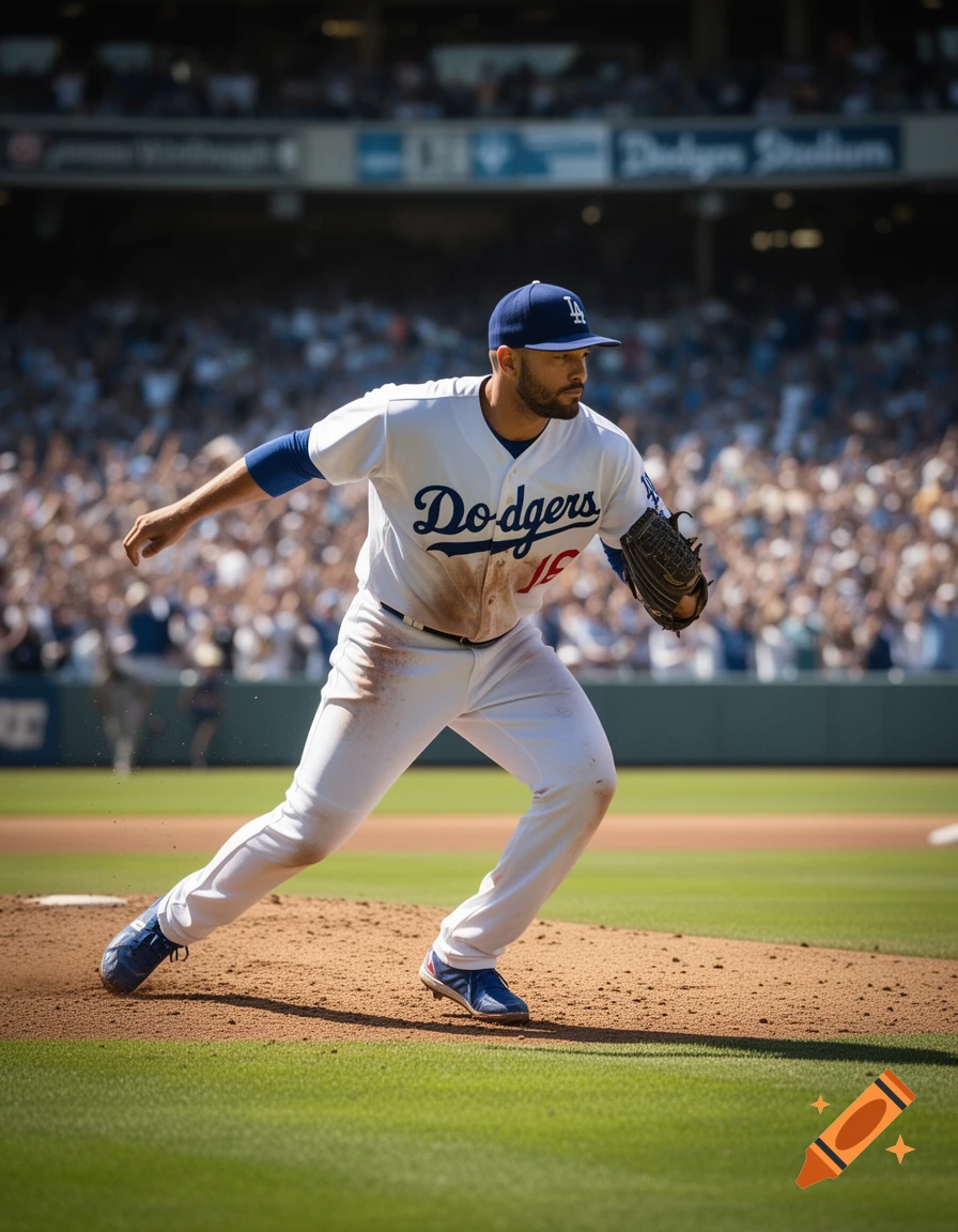 A photorealistic image of a Dodgers baseball player on the field during a game, wearing a white uniform with blue accents.