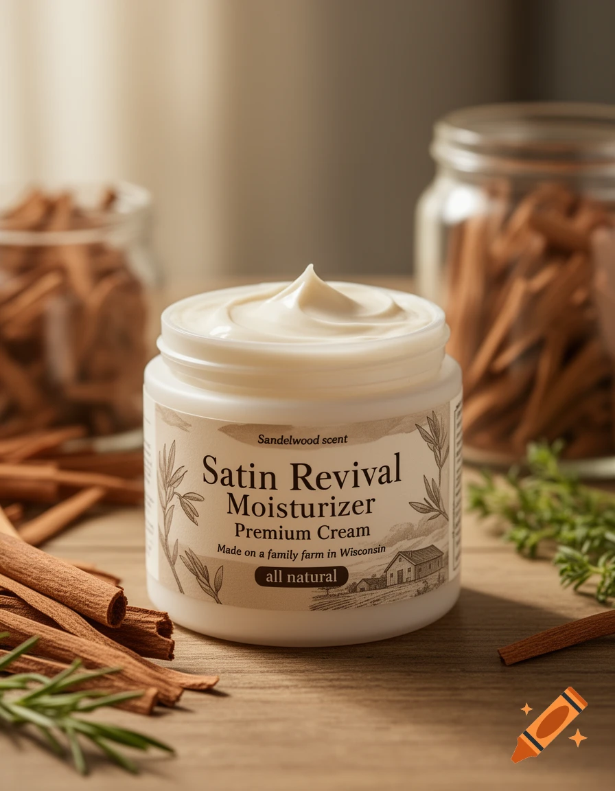 Photorealistic product shot of Satin Revival Moisturizer Premium Cream jar, surrounded by cinnamon sticks and herbs on a wooden table.