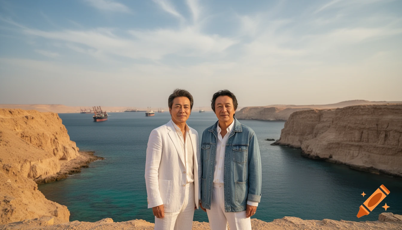 Two East Asian men stand on a rugged cliff overlooking a turquoise sea with cargo ships under a blue sky.