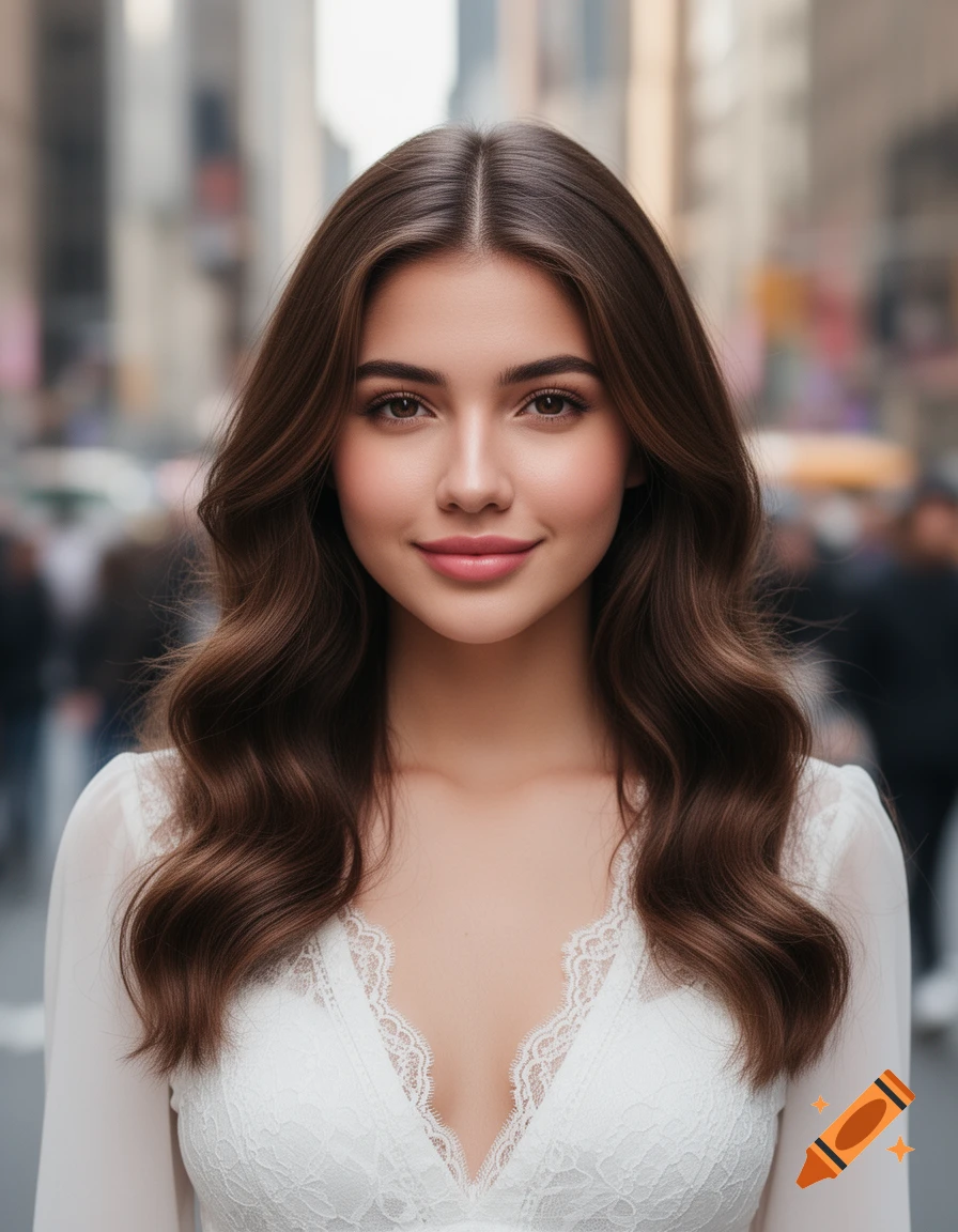 A photorealistic portrait of a young woman with long wavy brown hair, wearing a white lace top, standing in a blurred city street.