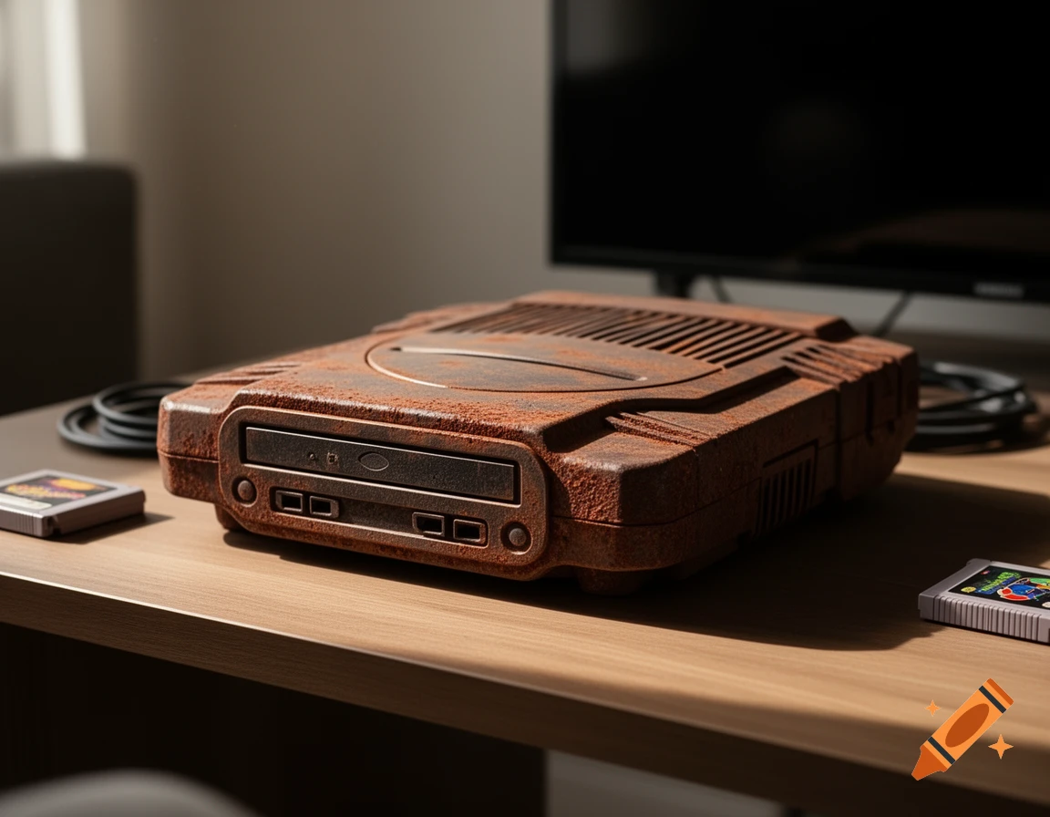 A rusty game console and game cartridges on a wooden table, with a TV in the background, in a photorealistic style.