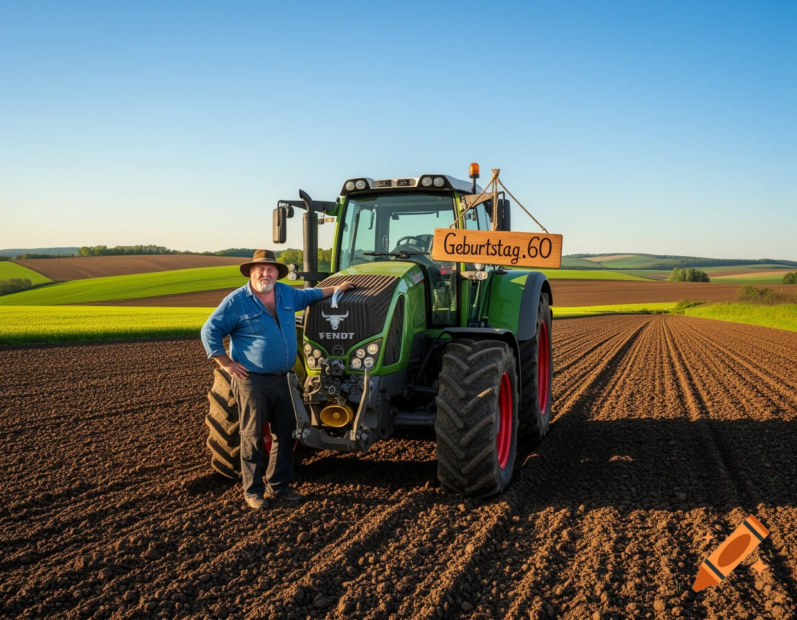 Photorealistic image of a farmer standing proudly next to a green Fendt tractor in a vast plowed field, with a 'Geburtstag.60' sign.