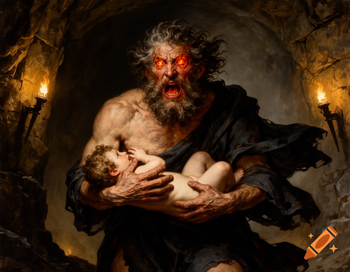 A monstrous, screaming man with glowing red eyes holds a naked infant in a dark, torch-lit cave, in a classical painting style.