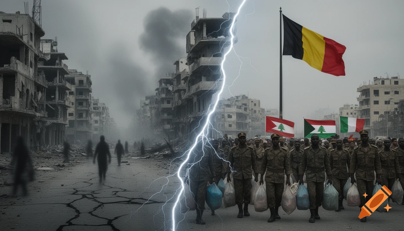 A split image with a lightning bolt. On the left, a ruined city with smoky skies and blurry figures. On the right, soldiers in uniform carrying bags, with Belgian, Lebanese, and Italian flags waving above them.