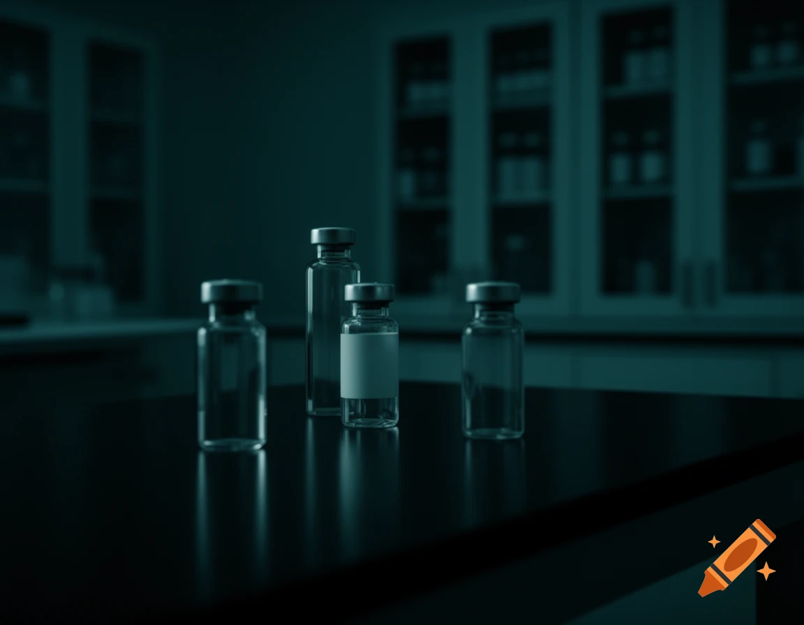 Four glass medical vials on a black table in a dark, blurry lab with cinematic dark teal lighting.
