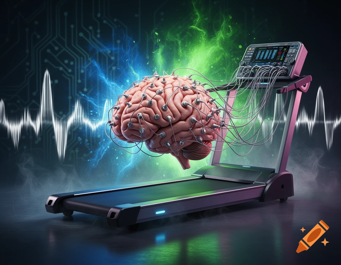 A human brain, covered in EEG electrodes and wires, rests on a treadmill connected to a monitoring machine, set against a futuristic, circuit-patterned background with glowing blue and green energy.
