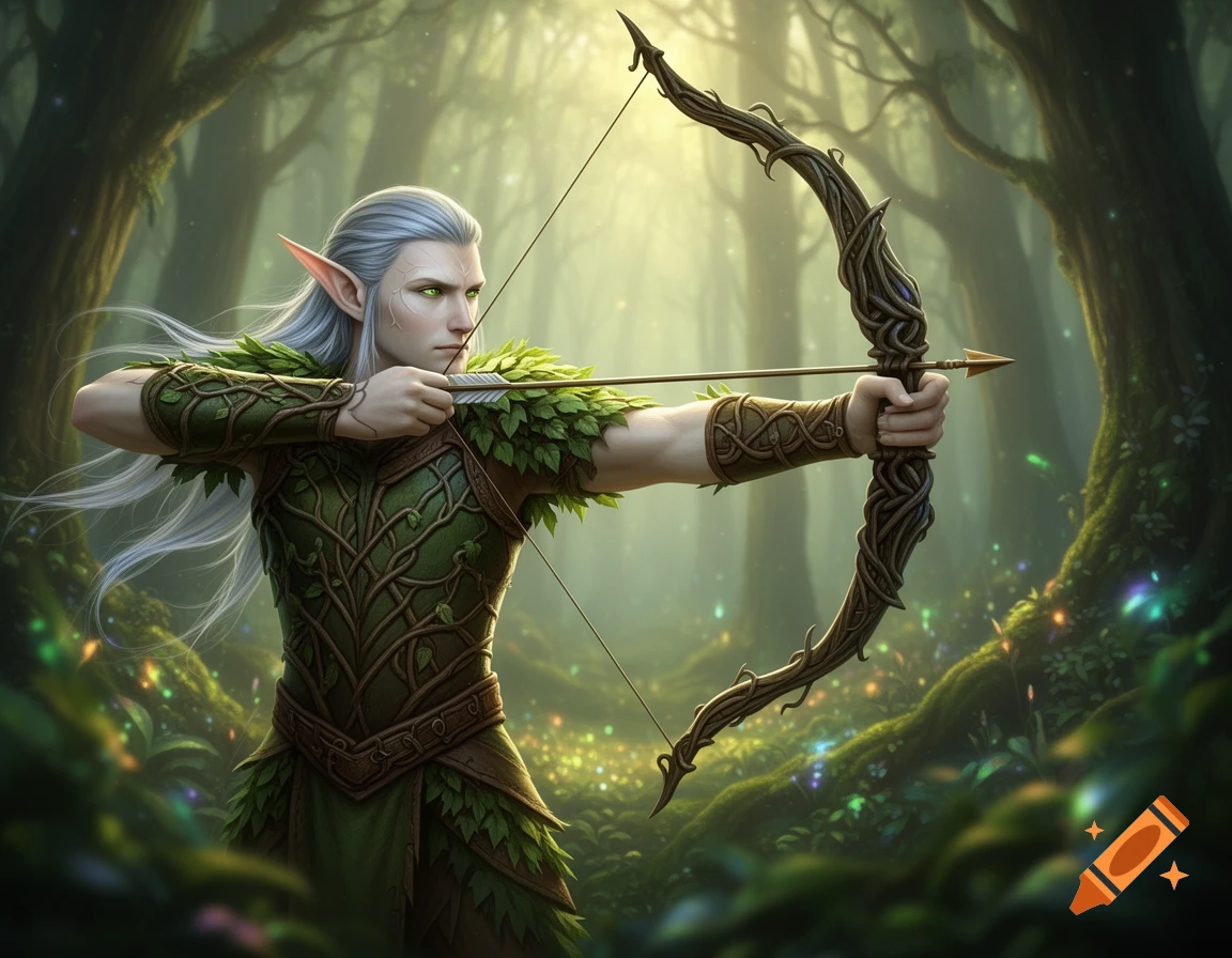 A male elf ranger with long white hair and pointed ears, dressed in green leaf armor, aims a wooden bow and arrow in a magical forest.