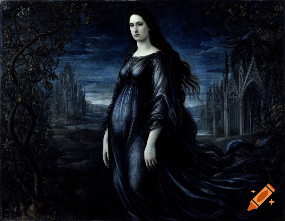 A pregnant woman in a dark gown stands in a gothic, haunting landscape with old architecture and dark trees, in a renaissance painting style.