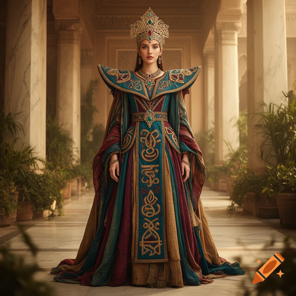 A woman in an ornate, jeweled crown and a richly embroidered teal, maroon, and gold traditional dress stands in a grand palace hallway.