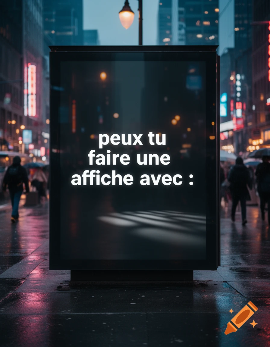 Photorealistic image of a billboard on a wet city street at night displaying 'peux tu faire une affiche avec :'.