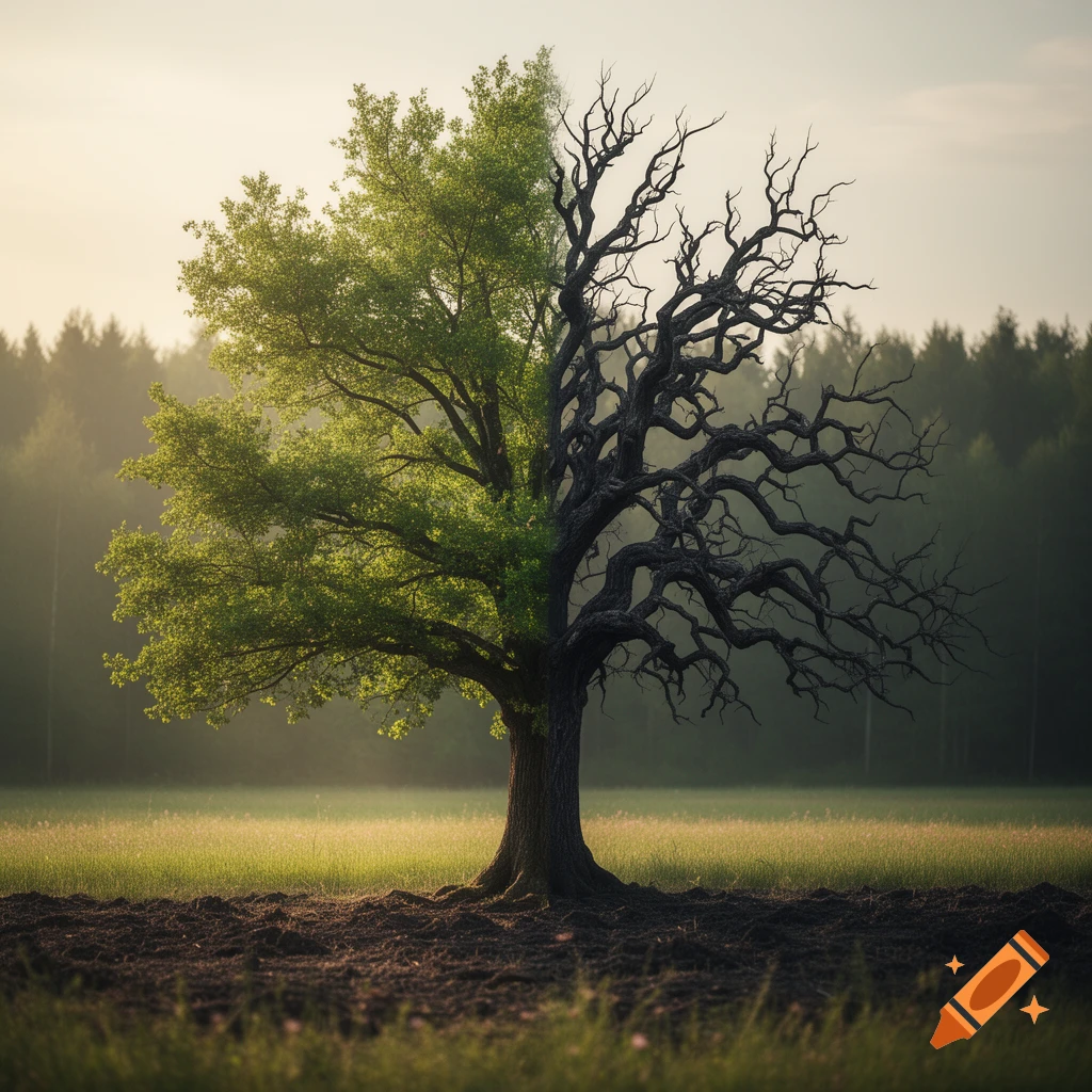 A single tree in a field, half vibrant green with leaves and half dark with twisted, bare branches, under a soft light.