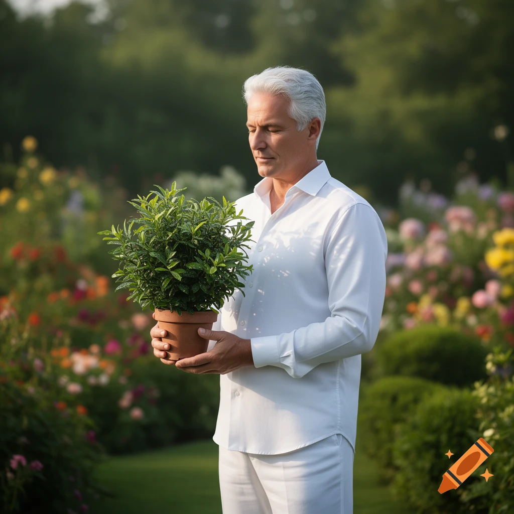 A man with white hair wearing a white shirt and pants holds a potted green plant in a vibrant garden, looking photorealistic.