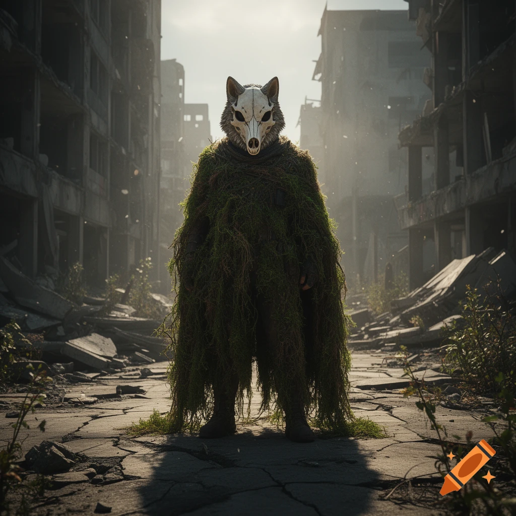 A figure wearing a wolf skull mask and a long moss cloak stands in a desolate, ruined city street.