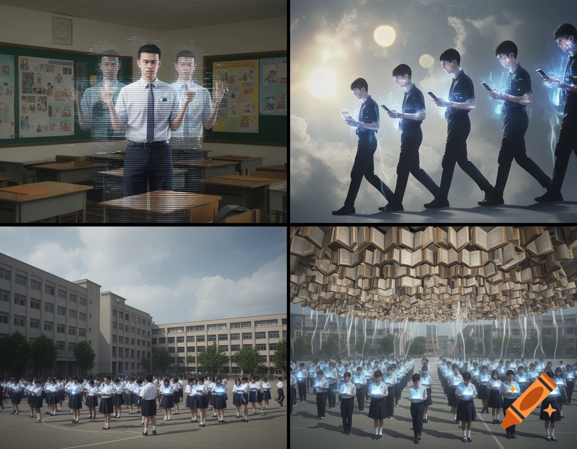 Four panels showing surreal school scenes. Top left: glitching holographic teacher in classroom. Top right: students morphing with glowing screens. Bottom left: students in uniform on a school ground. Bottom right: students holding glowing screens under a canopy of floating books.