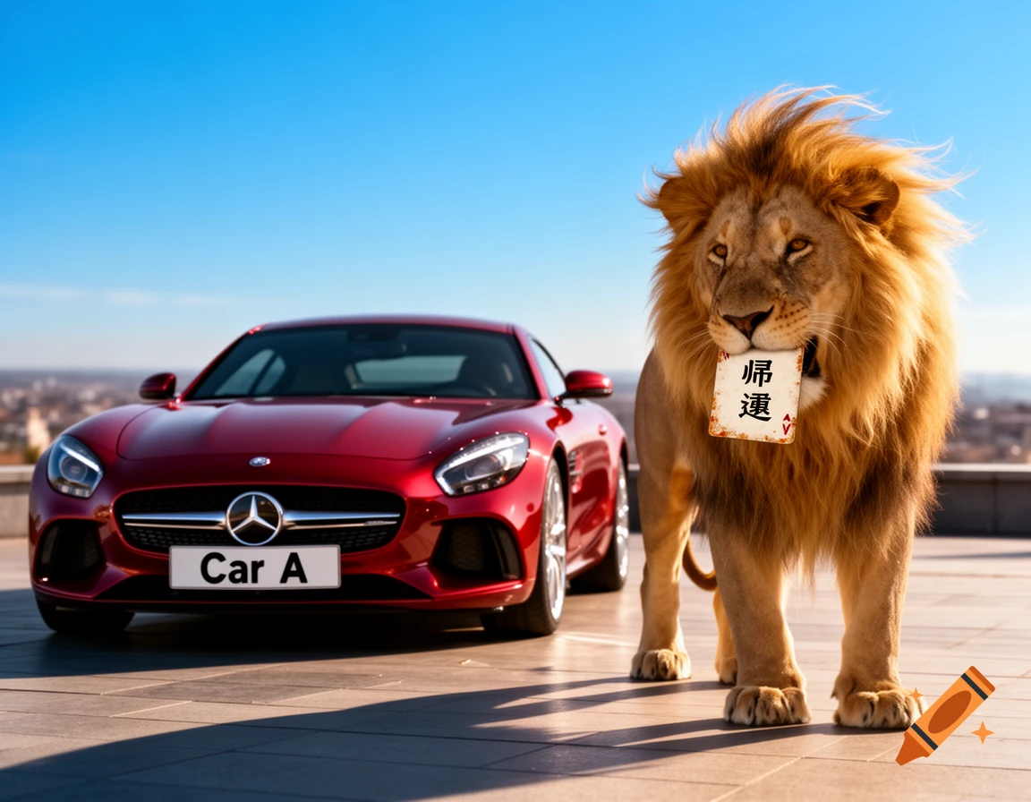 A red sports car parked next to a lion holding a card with Chinese characters ' 歸還'. The car has 'Car A' on its license plate.