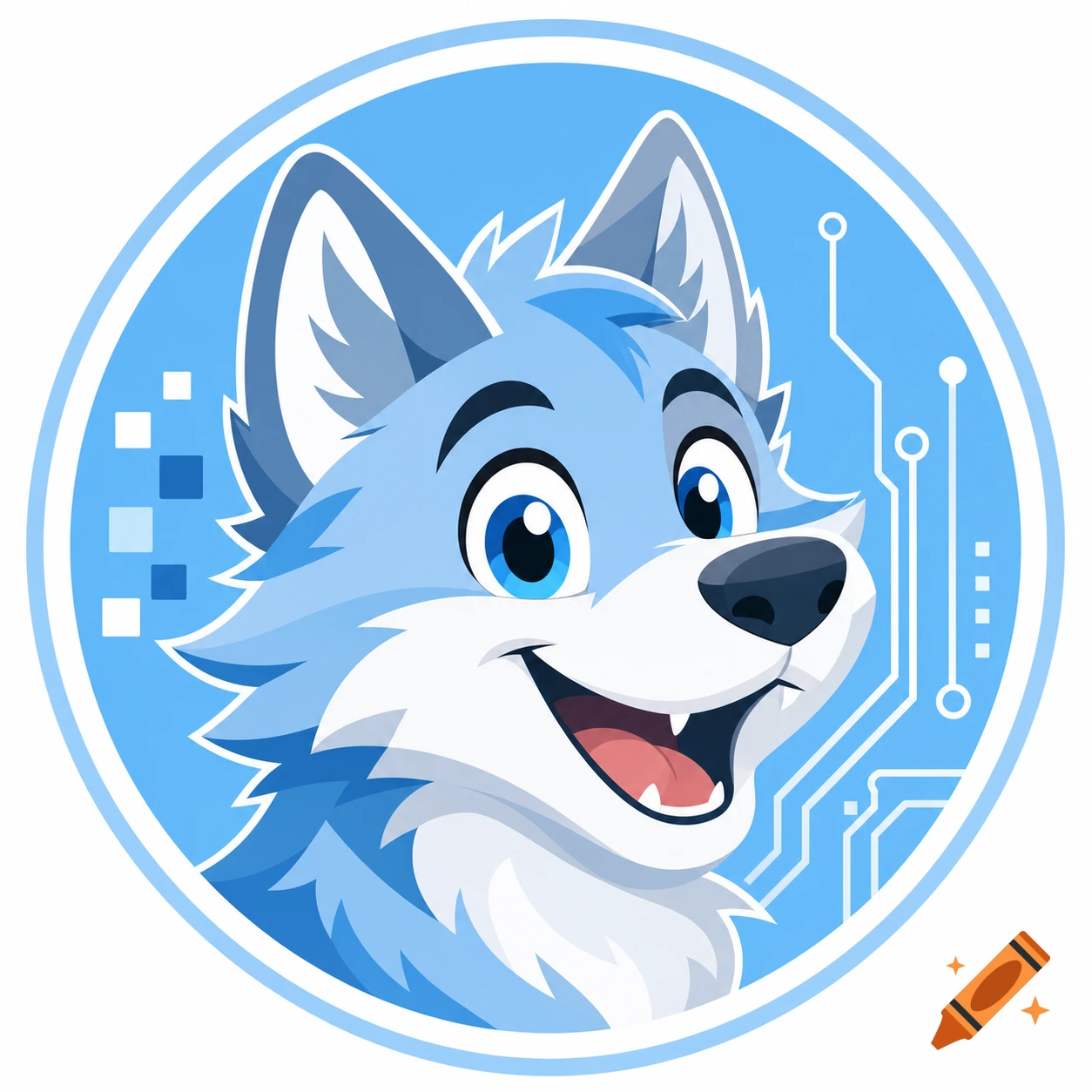 A friendly, blue cartoon wolf's head inside a circular icon with a light blue background, subtle circuit board lines, and pixel art.