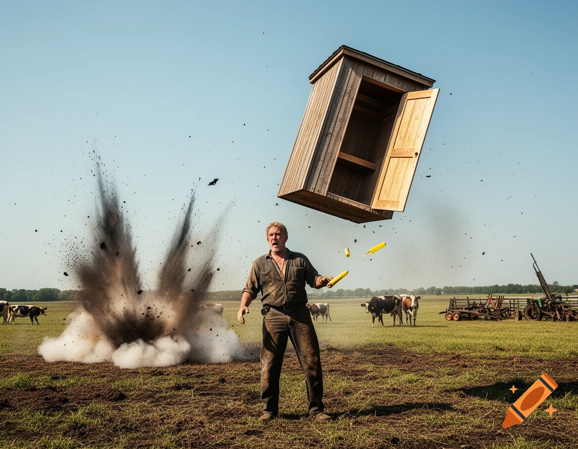 A man stands in a grassy field with a large explosion behind him and an outhouse flying through the air overhead in a photorealistic style.