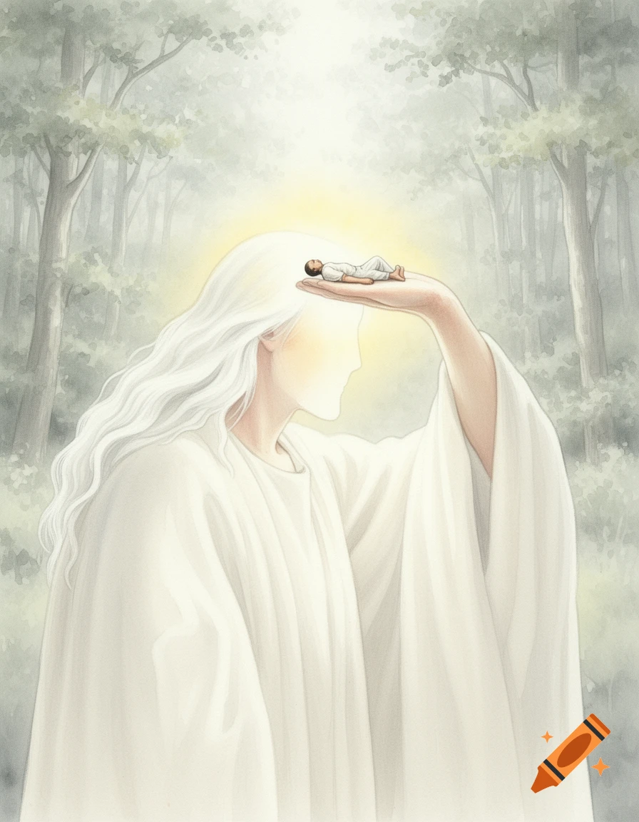 A radiant, white-haired divine figure holds a tiny reclining person on their palm against their glowing forehead in a watercolor forest.