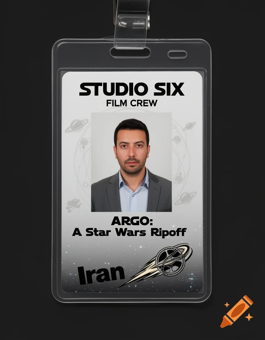 A close-up of a realistic film crew ID badge for "STUDIO SIX" with a photo of a man in a suit, stating "ARGO: A Star Wars Ripoff" and "Iran".