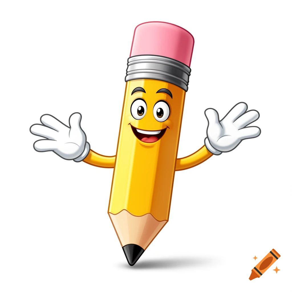 A friendly yellow pencil cartoon character with a pink eraser, white gloves, and a happy expression, isolated on a white background.