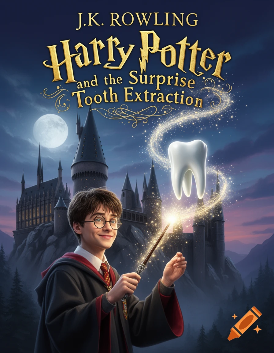 Illustration of Harry Potter holding a magic wand, conjuring a giant tooth above Hogwarts castle at night, designed as a book cover.