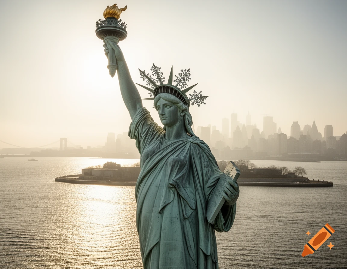 The Statue of Liberty, with a snowflake-adorned crown, stands tall against a hazy sunset over a city skyline and water.