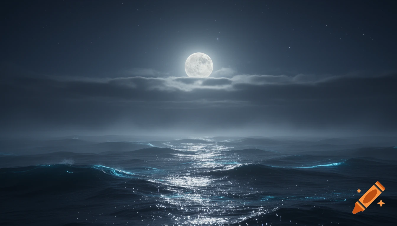 Cinematic night ocean scene under a full moon, with clouds, sparkling water, subtle neon-blue glows on waves, and volumetric fog.