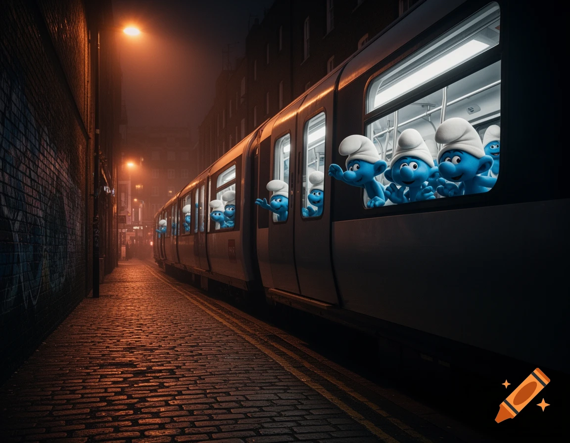 A group of blue Smurfs wave from the windows of a dark train as it travels through a narrow, fog-filled brick alleyway at night, lit by an orange streetlamp.