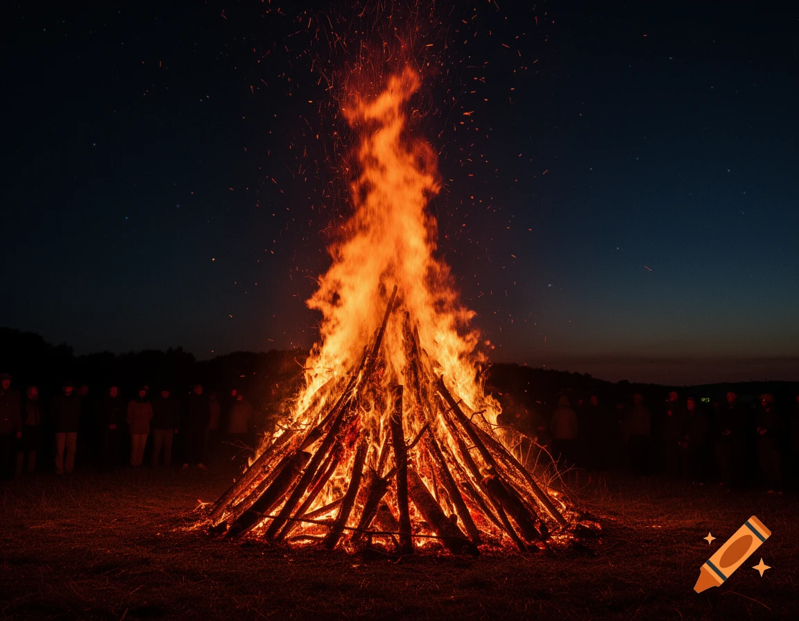 A large, roaring bonfire at night, with sparks flying into the dark sky and silhouetted figures of people standing around it. Photorealistic.