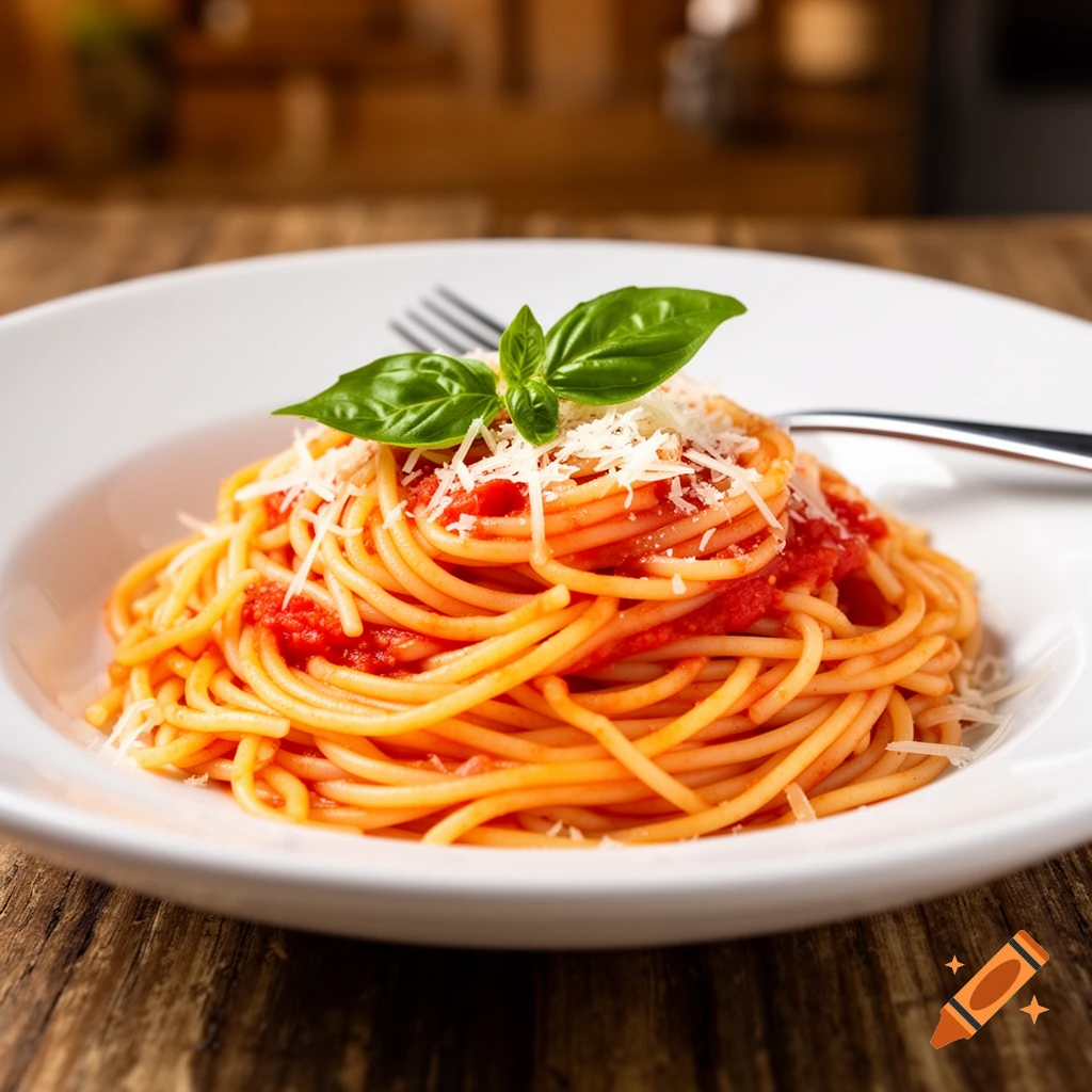 A close-up of spaghetti with tomato sauce, grated cheese, and fresh basil leaves on a white plate on a wooden table.