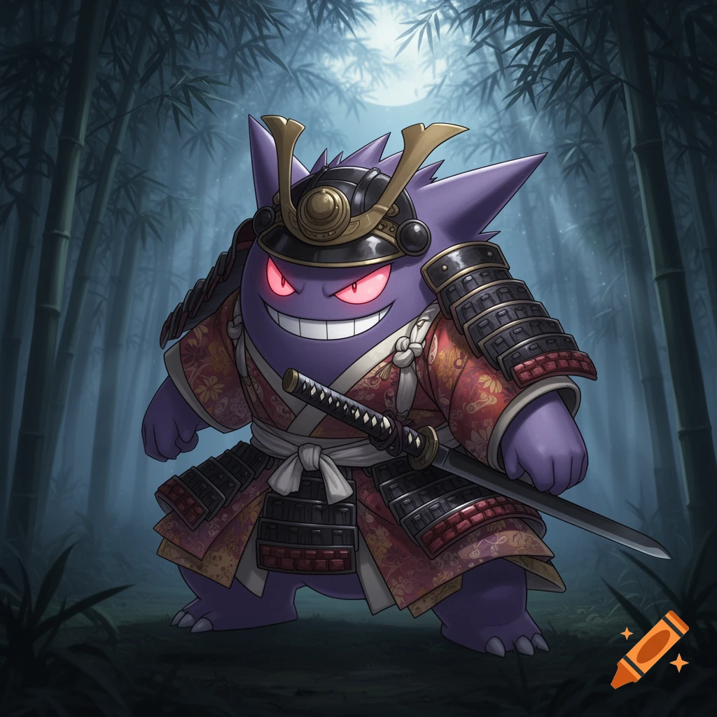 A detailed illustration of a purple Gengar in red samurai armor with glowing red eyes, holding a katana in a dark bamboo forest.