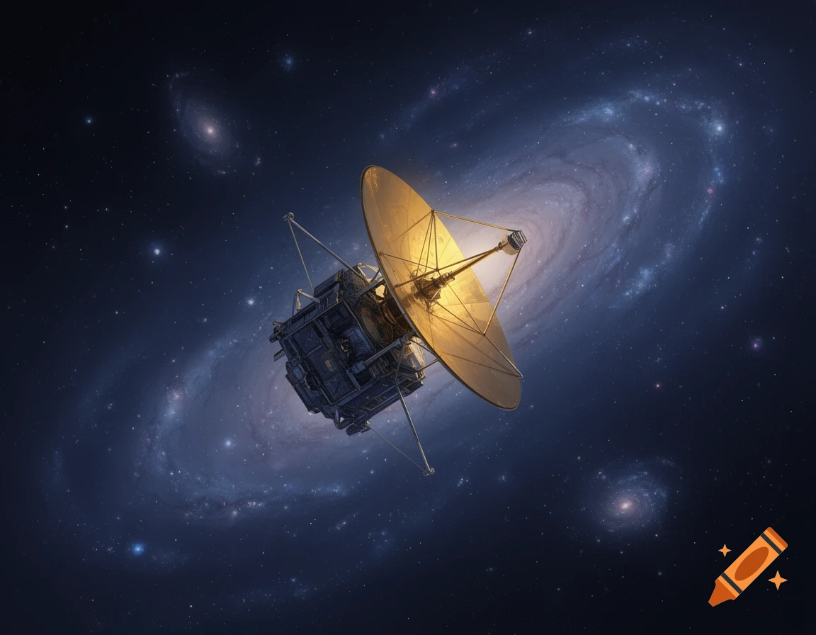 A detailed space probe with a large gold dish antenna, set against a backdrop of a swirling spiral galaxy and stars.