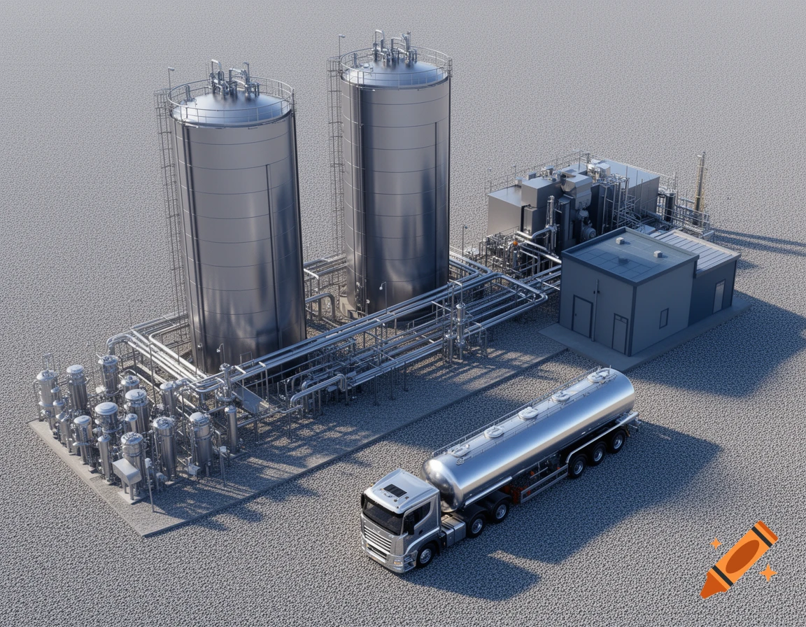 Photorealistic illustration of an industrial site with two large silver tanks, a building complex, and a tanker truck on a gravel lot.