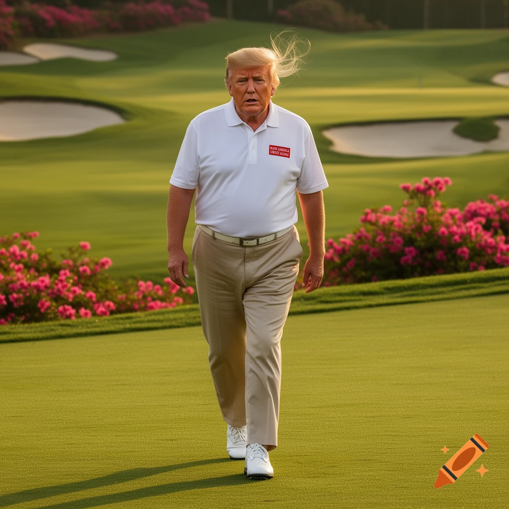 Photorealistic image of Donald Trump walking on a green golf course with pink flowers in the background, wearing a white polo shirt and khakis.