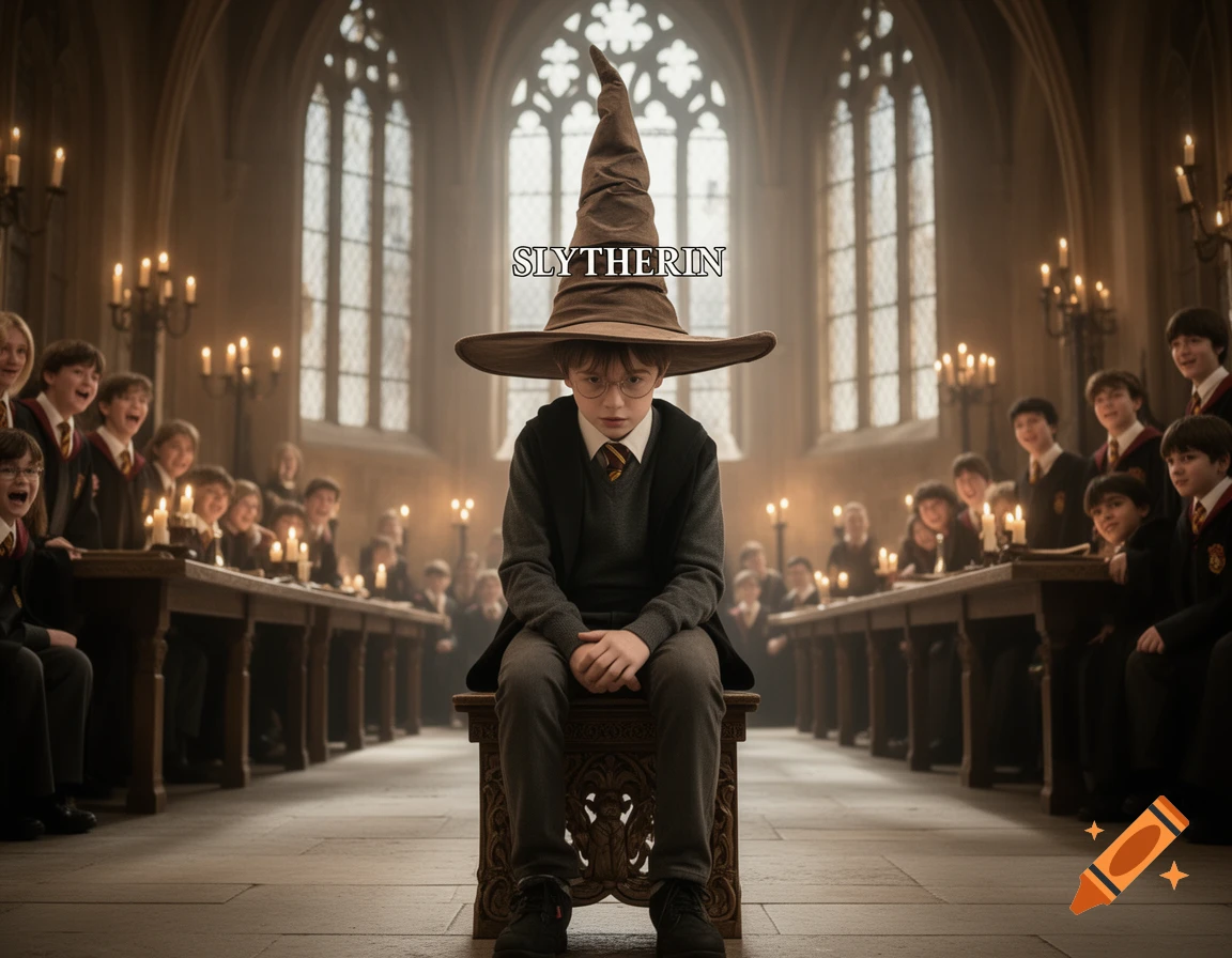 A disappointed boy wearing glasses and a Sorting Hat with 'SLYTHERIN' written on it sits in a grand hall among other students.